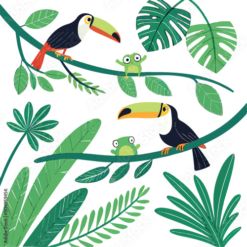 Colorful Illustration of Toucans and Frogs on Tropical Leaves and Branches