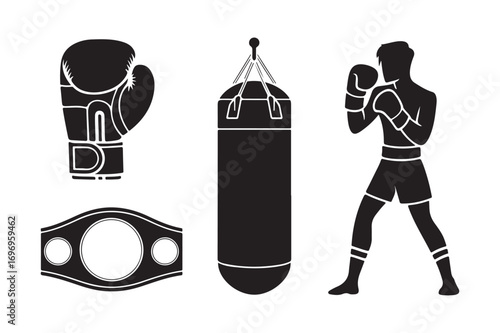 Boxing silhouette icons gloves punching bag boxer and championship belt