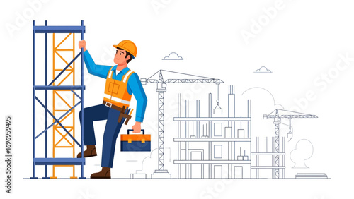 Construction Worker at Work: A focused construction worker, with essential gear in hand, ascends a scaffold against a backdrop of an active construction site, illustrating dedication and progress.