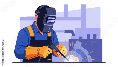 Welder at Work: A skilled welder, fully equipped with a protective mask, diligently performs their craft, creating sparks amidst an industrial setting.