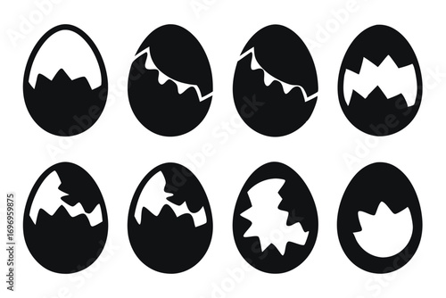 Set of Eight Black Cracked Egg Icons Representing Hatching Stages and Emerging Life