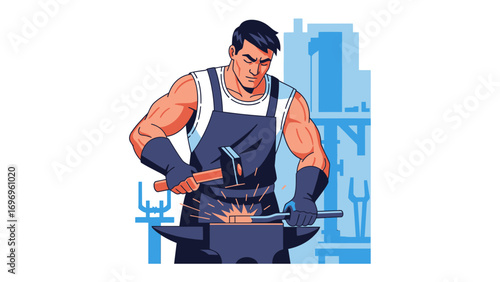 Forge of Strength: A skilled artisan, muscles glistening with effort, meticulously shapes metal with hammer and anvil in a detailed illustration of craftsmanship.