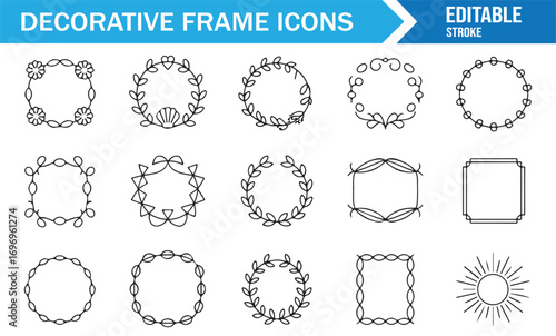 Decorative line frame icons set featuring classic and modern ornamental borders in square and round shapes