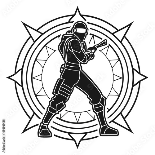Black silhouette of a futuristic soldier holding a weapon in front of a circular emblem