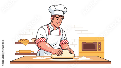 Baking with Precision: A skilled baker, bathed in warm light, carefully molds dough on a wooden table, creating the foundations of something delicious.