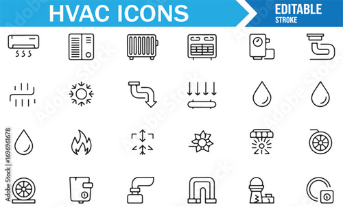 HVAC flat line symbols collection featuring temperature control devices, airflow, and thermal equipment