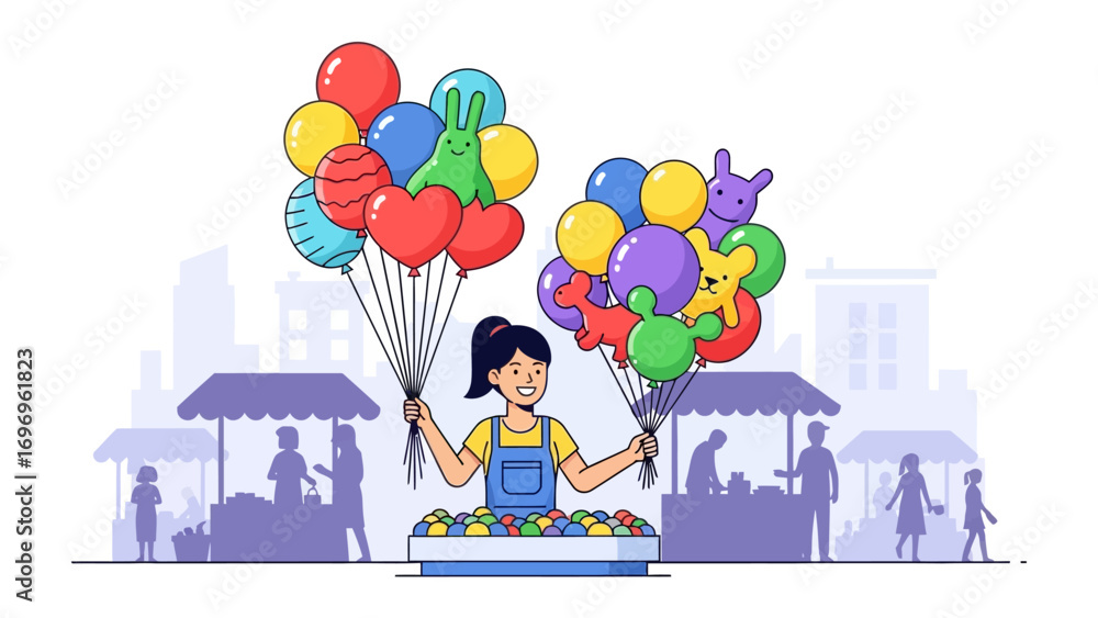 Obraz na plátně Balloons Vendor at the Carnival: A young vendor stands proudly amidst the hustle and bustle of a lively carnival, her arms adorned with an array of colorful balloons