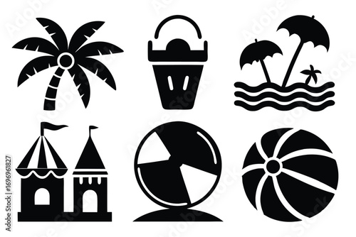 Black Vector Silhouettes of Beach, Castle, and Toy Icons Representing Leisure and Vacation