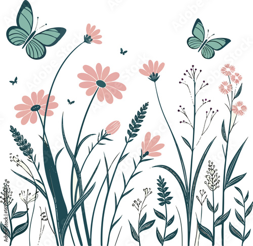 Soft Pastel Illustration of Wildflowers and Butterflies in a Natural Setting