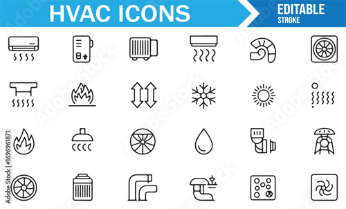 HVAC outline icons set with industrial air conditioning, thermostat, radiator, and ventilation illustrations