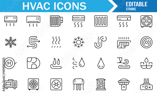 Air conditioning and heating icons set, outline style symbols for ventilation and temperature control systems