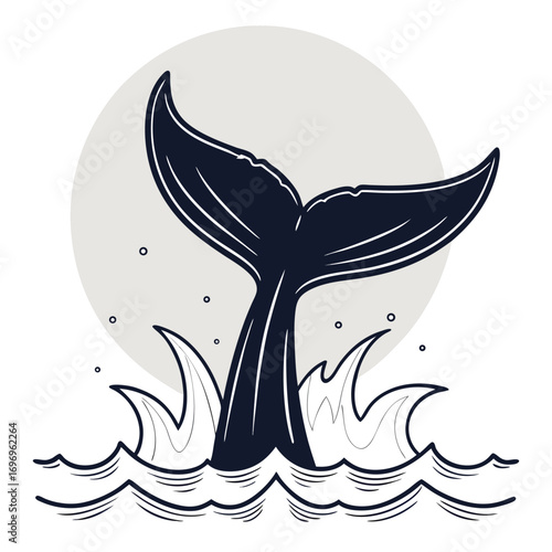 Dark blue whale tail emerges from stylized ocean waves against pale moon water