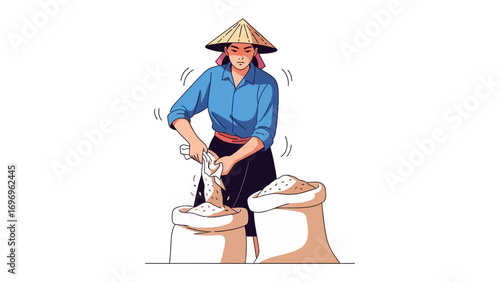 Harvesting and milling: A traditional scene depicting a dedicated individual, engaged in the age-old process of manual rice harvesting.