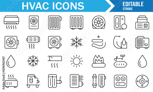 HVAC line icon set with heating ventilation and air conditioning system elements for climate control illustrations