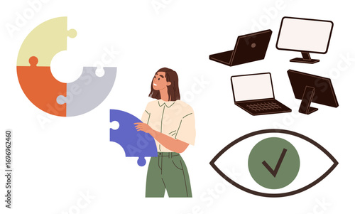 Woman assembling puzzle pieces, surrounded by laptops, desktops, and an eye with a checkmark. Ideal for teamwork, creativity, technology, focus collaboration problem-solving strategy. A simple