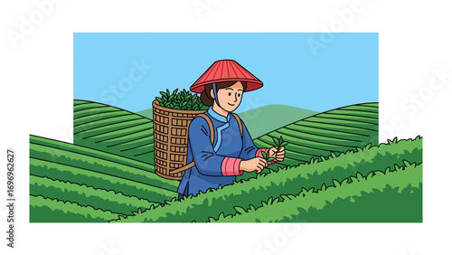 Harvest in the tea garden: A dedicated farmer tends the tea leaves in the tea garden. The backdrop showcases a vibrant field and sunny sky.