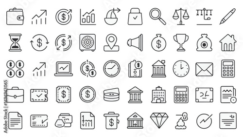 Financial icons wallet growth chart money safe location megaphone bag trophy house hourglass coins laptop clock envelope calculator briefcase ticket coin stack bank