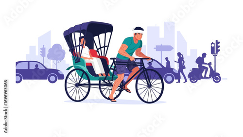Rickshaw Ride Amidst City's Hustle: Experience the charm of a classic rickshaw weaving through the vibrant city life. This photorealistic illustration portrays the journey.