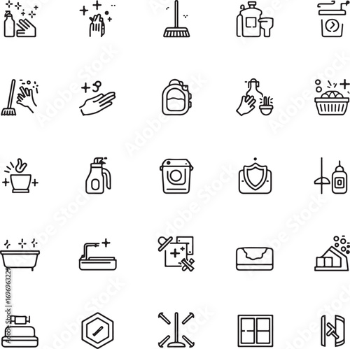 Cleaning icon set, collection of housekeeping and janitorial glyph symbols, simple black vector illustration for domestic 