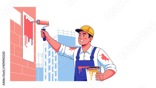 Painter on the wall: A skilled painter, brushes in hand, is depicted meticulously applying fresh color to a building façade, adding vitality to urban living. 