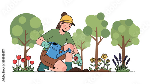 Nurturing Nature's Embrace: An illustration of a woman meticulously tending to a garden, watering blossoming flowers, embodying the serenity of nurturing growth and cultivating beauty.