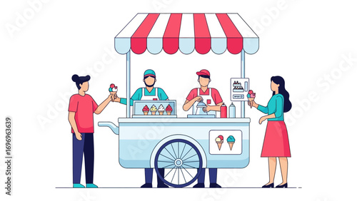 Ice Cream Cart Delight: Two ice cream vendors and two customers create an inviting scene of deliciousness, where the joy of a frozen treat shines under a striped awning.