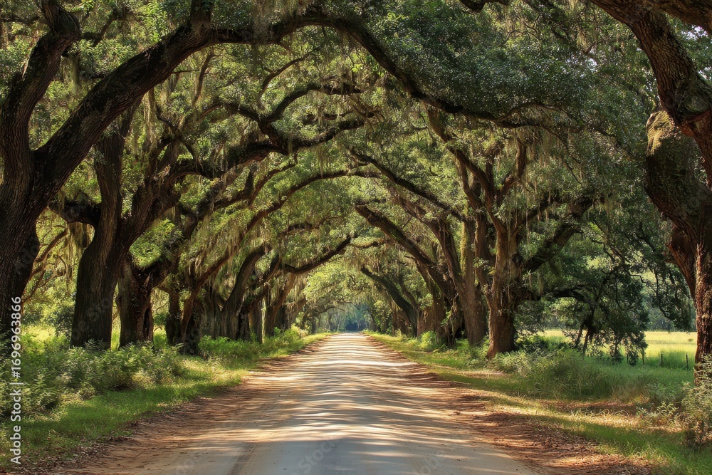 Fototapeta premium Scenic Georgia Road: Winding Through Majestic Oak Trees in the Heart of Carolina Countryside