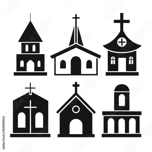 Black and White Image Featuring Church Icons of Various Architectural Styles and Designs