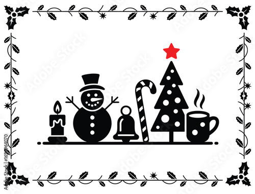christmas greeting card with, Christmas Silhouette Vector, Snowman, Tree, Candle, Bell, Candy Cane