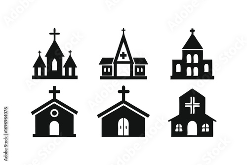 Black Silhouette Collection of Church Building Designs, Religious Iconography, Vector Art