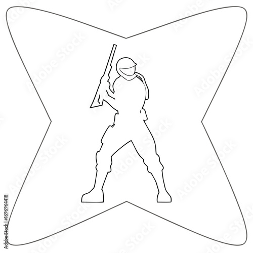 Soldier in uniform holding rifle standing with legs spread outline military army