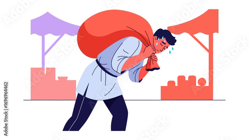 Heavy Burden: A man struggles under the weight of a large sack, his face etched with the strain, possibly representing the daily grind or immense effort.