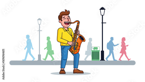 Musical Serenade: A spirited musician playing a saxophone on a street, embodying the vibrant energy of music and urban life.