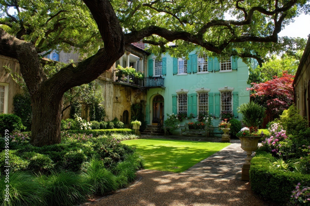 Obraz premium Luxurious Southern Garden Retreat: A Scenic Oasis in Colorful Charleston, South Carolina