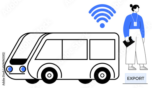 Electric bus with wireless signal beside standing person holding tablet and badge. Ideal for transport innovation, technology integration, smart city, connectivity, digital service, mobility