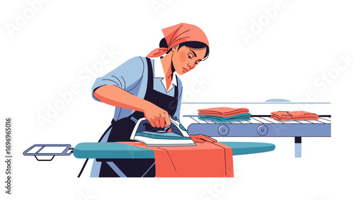 Ironing Perfection: A dedicated individual diligently irons clothes on an ironing board, showcasing precision and care in the meticulous task. A scene of efficiency and dedication.