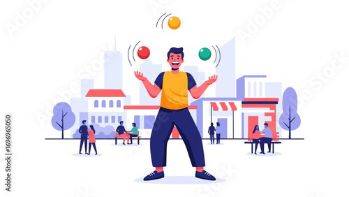 Juggler's Urban Performance: A skilled juggler gracefully performs a dynamic juggling act in a vibrant urban setting, captivating onlookers with his mesmerizing display. 