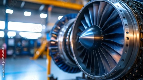 Close-up Jet Engine in Industrial Setting, Detailed Machinery