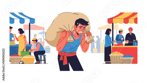 Burdensome Labor: A vendor strains under the weight of a large sack while navigating the bustling marketplace. capturing a vibrant depiction of everyday life, labor, and the vibrant marketplace.