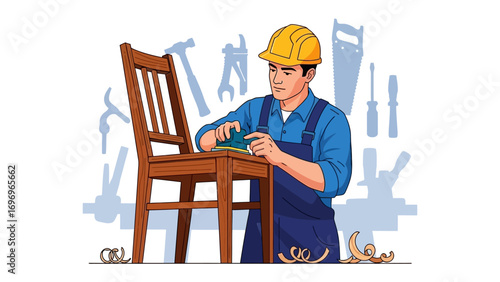 Craftsman at Work: A skilled craftsman diligently works on restoring a wooden chair, surrounded by the tools of his trade. A testament to craftsmanship and dedication