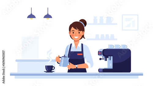 Coffee Pour: A barista meticulously pours hot coffee from a silver kettle into a mug, creating an artful image of cafe life and the craft of coffee-making.