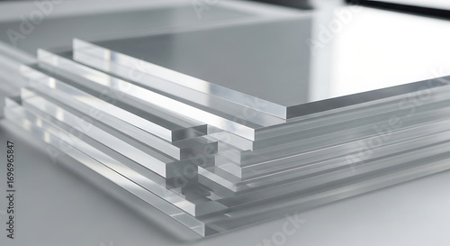 Close-up view of multiple stacks of clear, transparent acrylic or plexiglass sheets, showcasing their smooth surfaces and varying thicknesses, ready for industrial use.