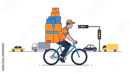 Delivery Cyclist: A dedicated cyclist navigates city streets, their bike laden with packages, epitomizing speed, reliability, and eco-conscious urban transport.