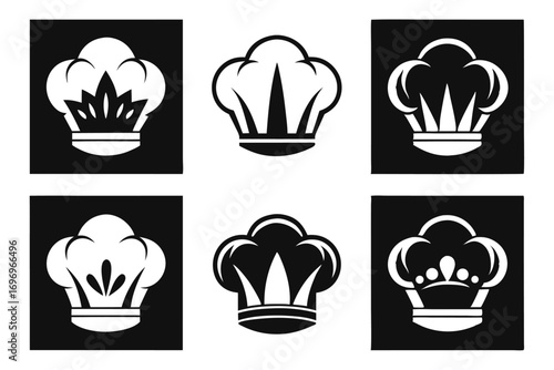 Black and White Graphic Art of Chef's Hat Variations in Square Frames