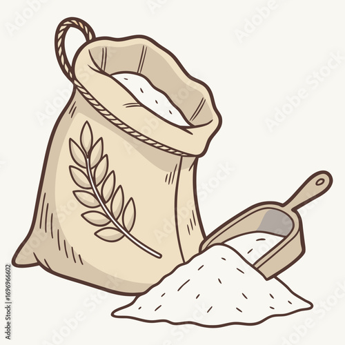 Wholesome sack overflowing with fine white flour alongside a wooden scoop, ready for baking and culinary creation