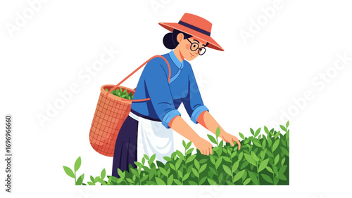 Tea Picker in the Garden: An illustration captures a woman picking tea leaves in a serene garden. Wearing traditional attire, she works with care, reflecting a blend of culture and nature.