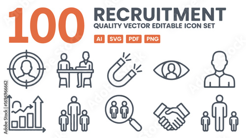 Recruitment icon set with human resources and business growth symbols icons