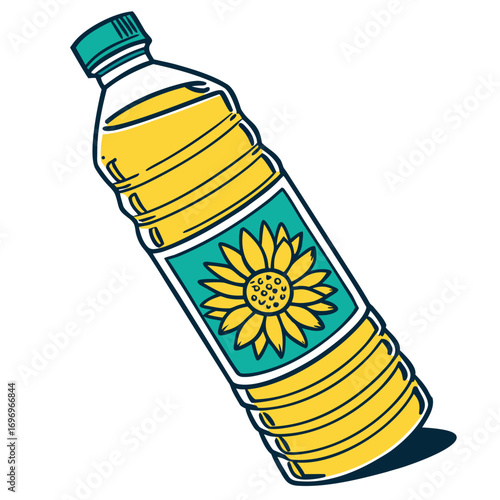 Bright bottle of golden sunflower oil with a vibrant bloom label, perfect for culinary or health content