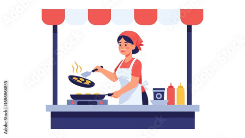 Culinary Craft: A dedicated cook, enveloped in a red bandana and pristine apron, skillfully flips food with a spatula amidst a bustling food stall, ready to serve. 
