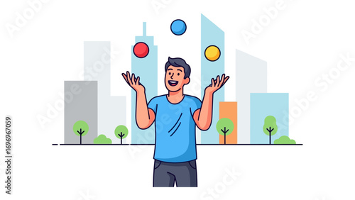 City Juggler: A smiling person is expertly juggling colorful spheres against the backdrop of a minimalist cityscape. Depicting talent and balance